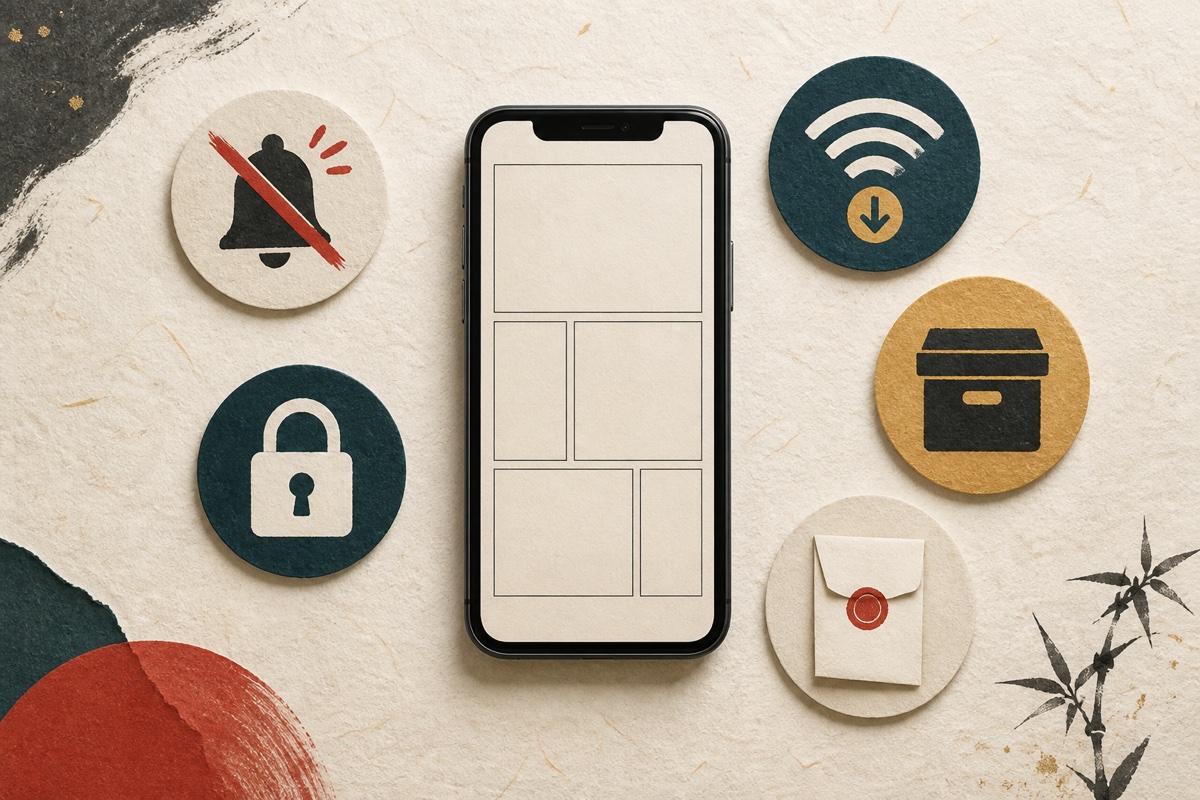 支払い前にスマホの通知、ロック、通信、保存先、明細を確認する図